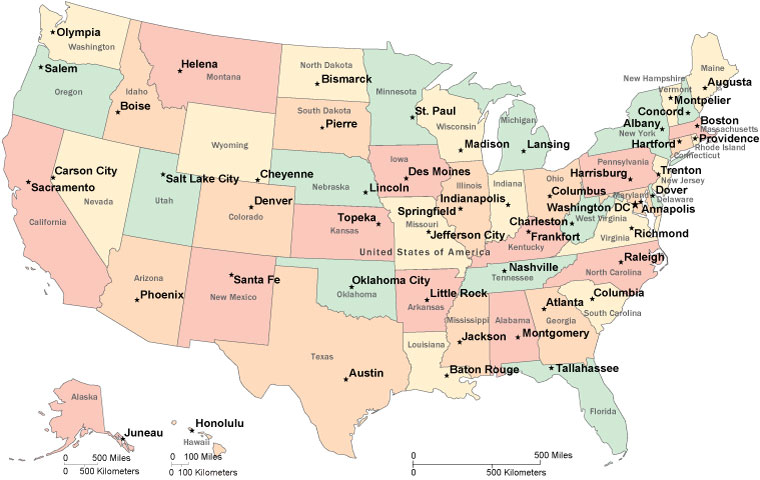 USA states and capital cities map